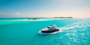 Bahamas charter boat sailing crystal blue waters.