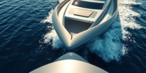 Sleek German yacht cutting through blue ocean water.