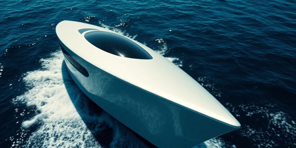 Sleek, futuristic boat cutting through blue water.