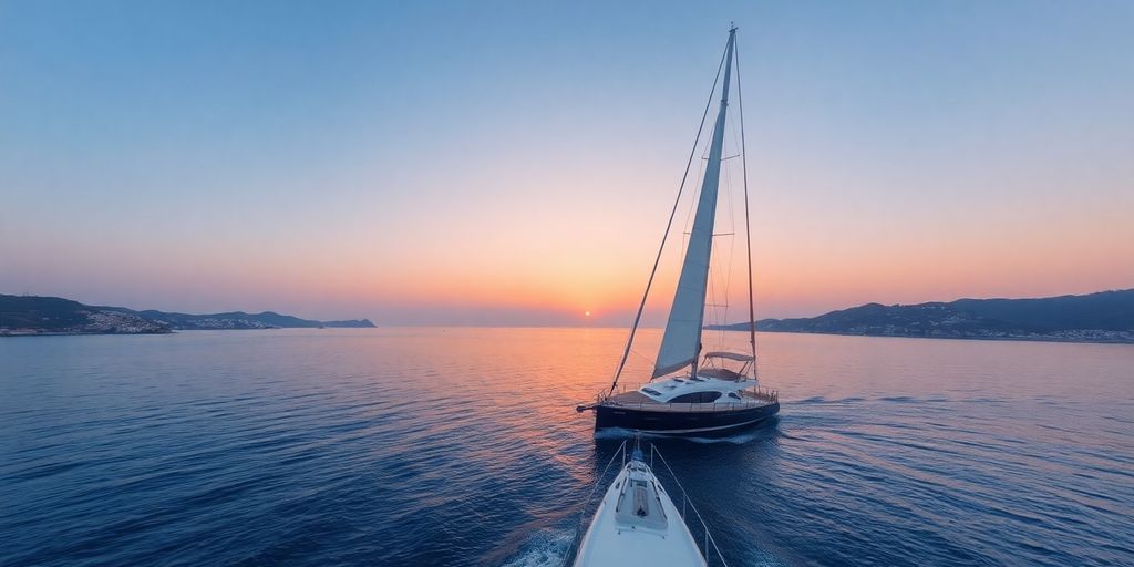 Sailboat on Mediterranean Sea at sunset