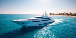 Luxury yacht cruising on clear blue water.