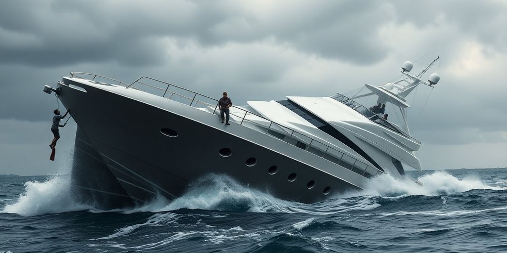 Overturned yacht, choppy waters, dark sky, distressed sailors