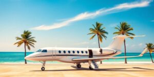 Luxury private jet parked on a sunny Bahamian airstrip.