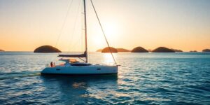 Sailboat on clear Caribbean water at sunset