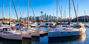 Sailboats docked at a marina with city skyline.