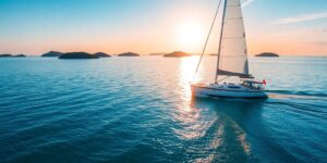 Sailboat glides on calm, blue water at sunset.