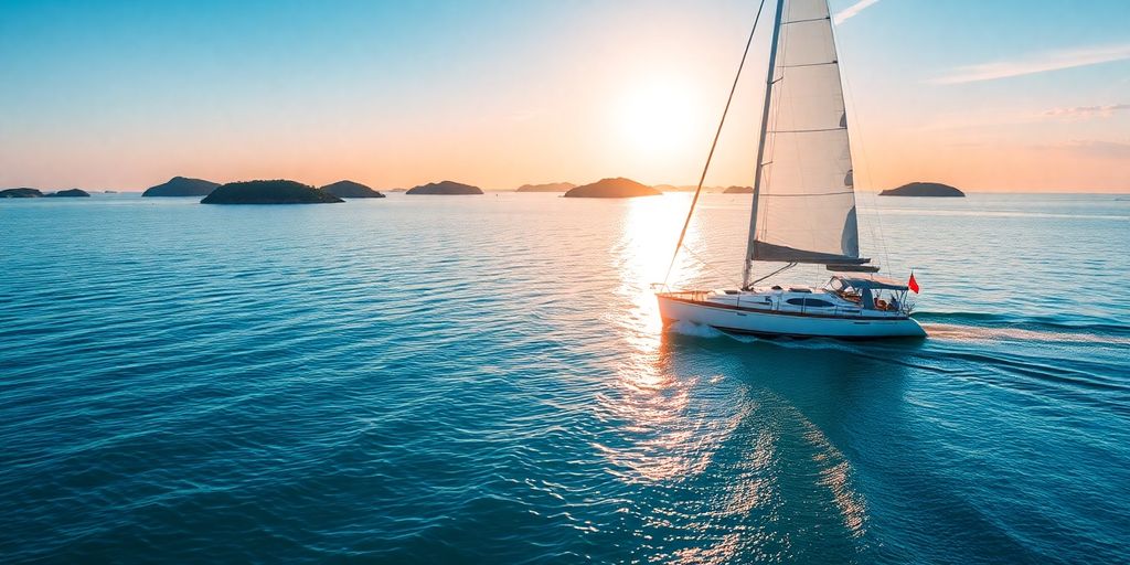 Sailboat glides on calm, blue water at sunset.