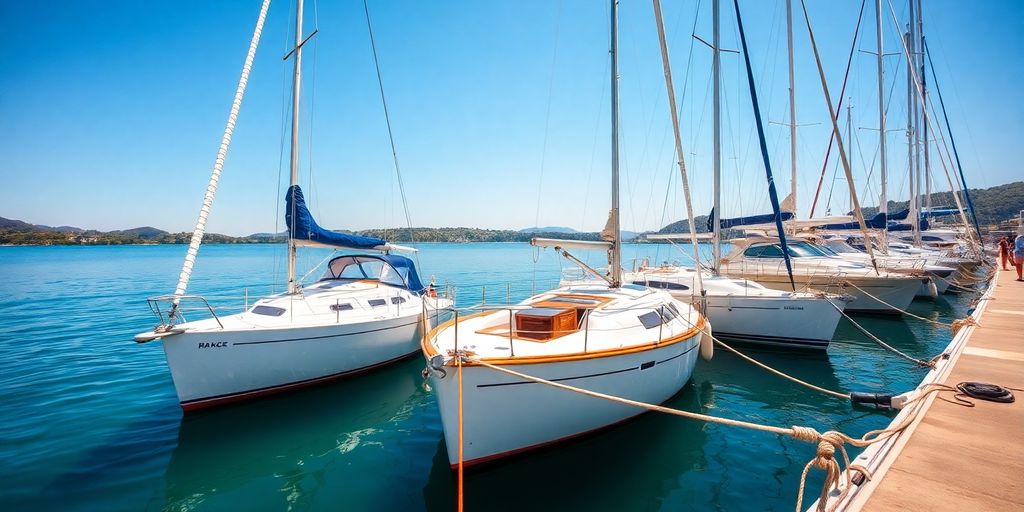 Boats moored peacefully in a sunny harbor.