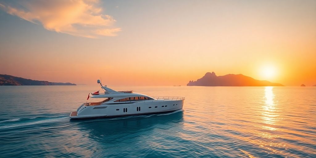 Luxury yacht sailing calm, turquoise Greek waters at sunset.