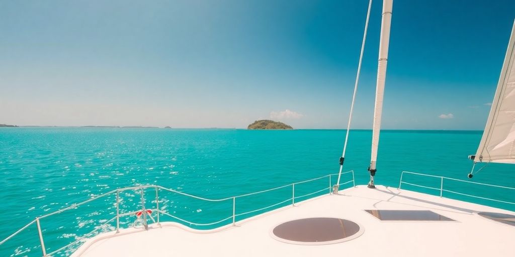 Luxury yacht sails Caribbean, turquoise water, sunny.