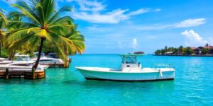 Florida boat Airbnb with clear water and palm trees.