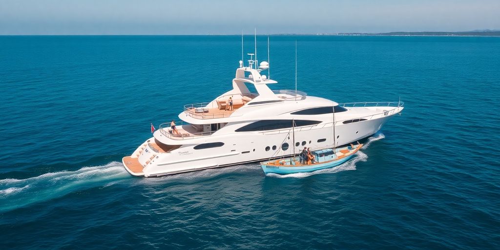 Sleek yacht alongside smaller boat on calm blue water