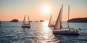 Sailboats cruising blue Croatian waters at sunset.
