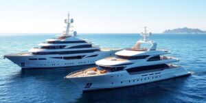 Two large luxury yachts side by side.
