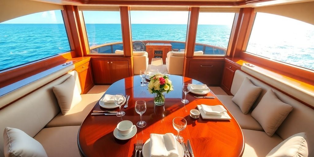 Elegant yacht dining room with ocean view.
