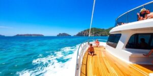 Luxury yacht cruising Balearic Islands turquoise waters