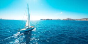 Sailboat on blue Greek waters, sunny day.