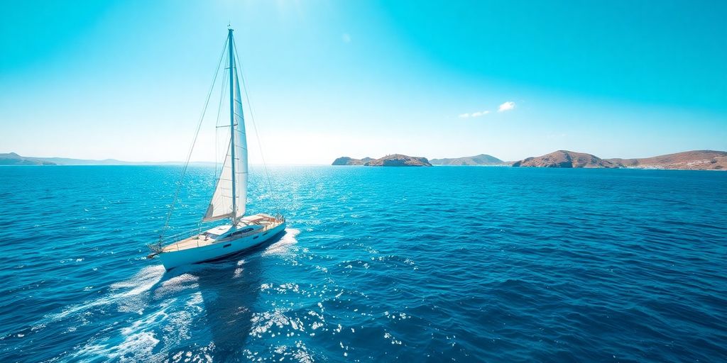 Sailboat on blue Greek waters, sunny day.
