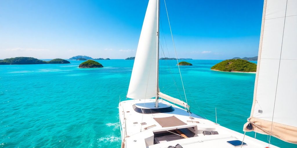 Luxury catamaran sailing on turquoise sea.