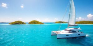 Catamaran sailing Caribbean with lush islands