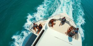 Luxury yacht with celebrities on deck