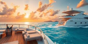 White luxury yacht on turquoise water with orange sunset sky