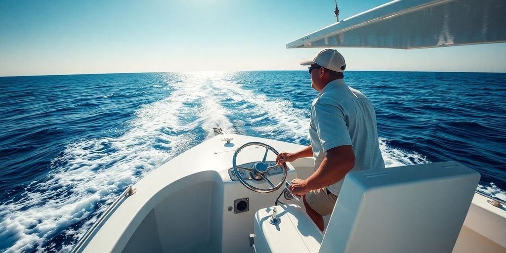 Charter captain steering a boat towards the horizon.