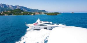 Luxury yacht sailing on crystal blue Adriatic Sea near Croatian coast.