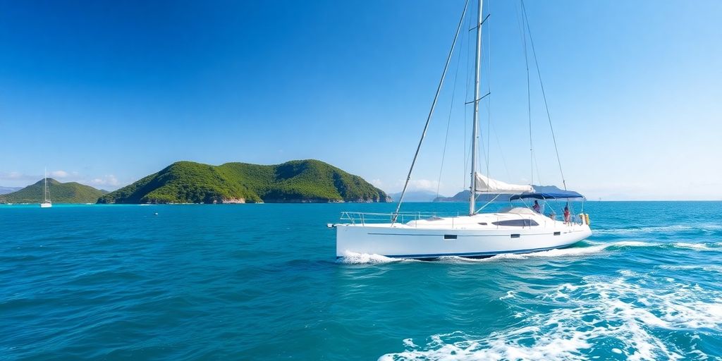 Sailboat gliding through crystal clear BVI waters.