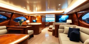 Luxurious yacht interior with intricate detailing.