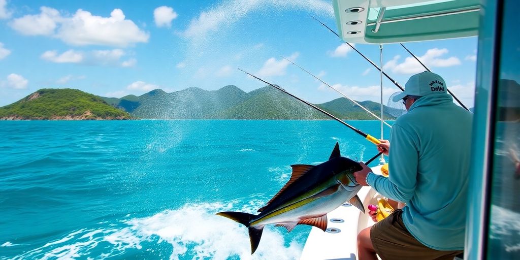 Anglers reeling in large fish near Tortola.