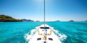 Sailboat gliding on turquoise water, lush island backdrop.