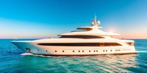 Sleek superyacht gliding on azure ocean waves.