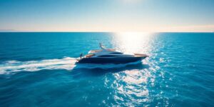 Yacht sailing on clear blue water during a sunny day.