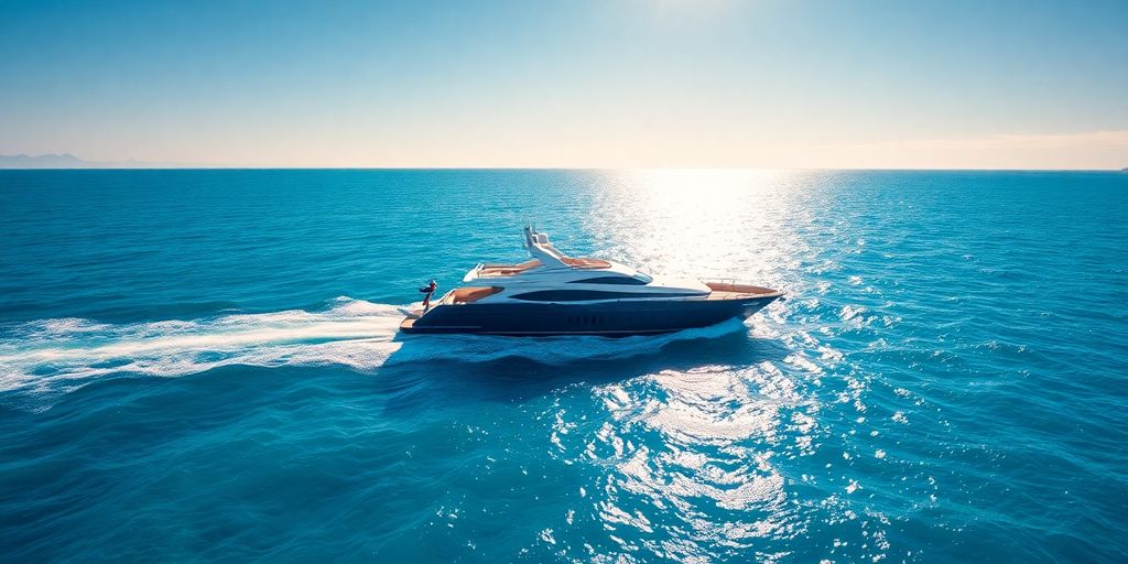 Yacht sailing on clear blue water during a sunny day.
