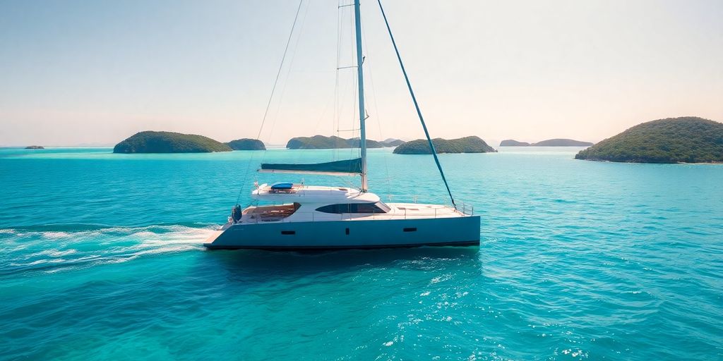 Luxury catamaran sailing turquoise waters, British Virgin Islands.