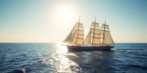 Majestic ship sailing through clear blue waters.