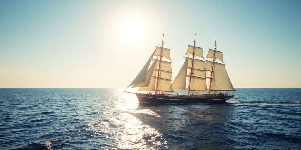 Majestic ship sailing through clear blue waters.