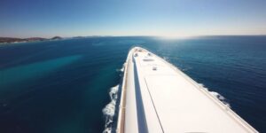 Luxury yacht sailing azure Mediterranean waters.