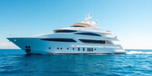 Luxury yacht Ohana sailing on turquoise waters.