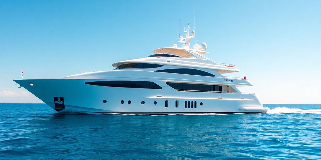 Luxury yacht Ohana sailing on turquoise waters.