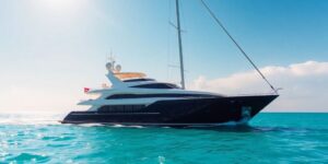 Sunlit used yacht sailing on clear blue water.