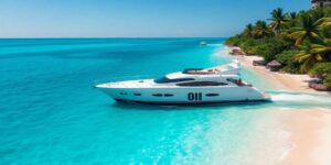 Crystal clear turquoise waters with a luxury yacht.