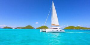 Luxury catamaran sailing turquoise Tortola waters.