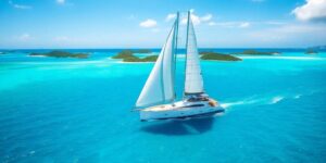 Sailboat gliding through crystal clear turquoise waters of the British Virgin Islands.