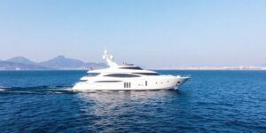Luxury yacht sailing on Vancouver's sparkling coastal waters.