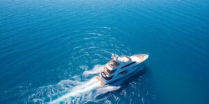 Yacht sailing on blue ocean waves.