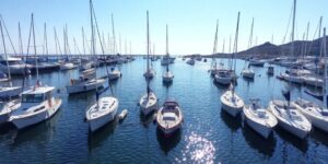 Boats moored in a calm harbor with clear water.