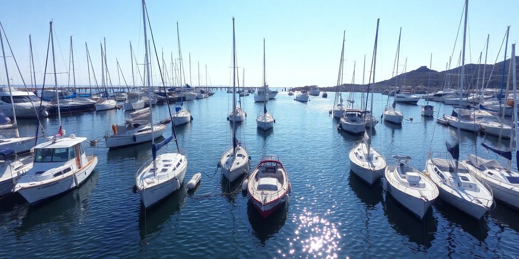 Boats moored in a calm harbor with clear water.
