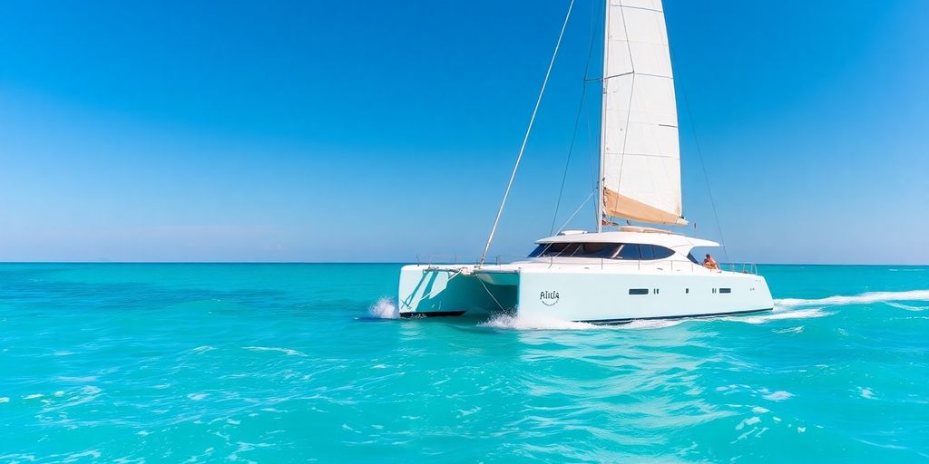 Sleek catamaran sailing on sparkling blue ocean.